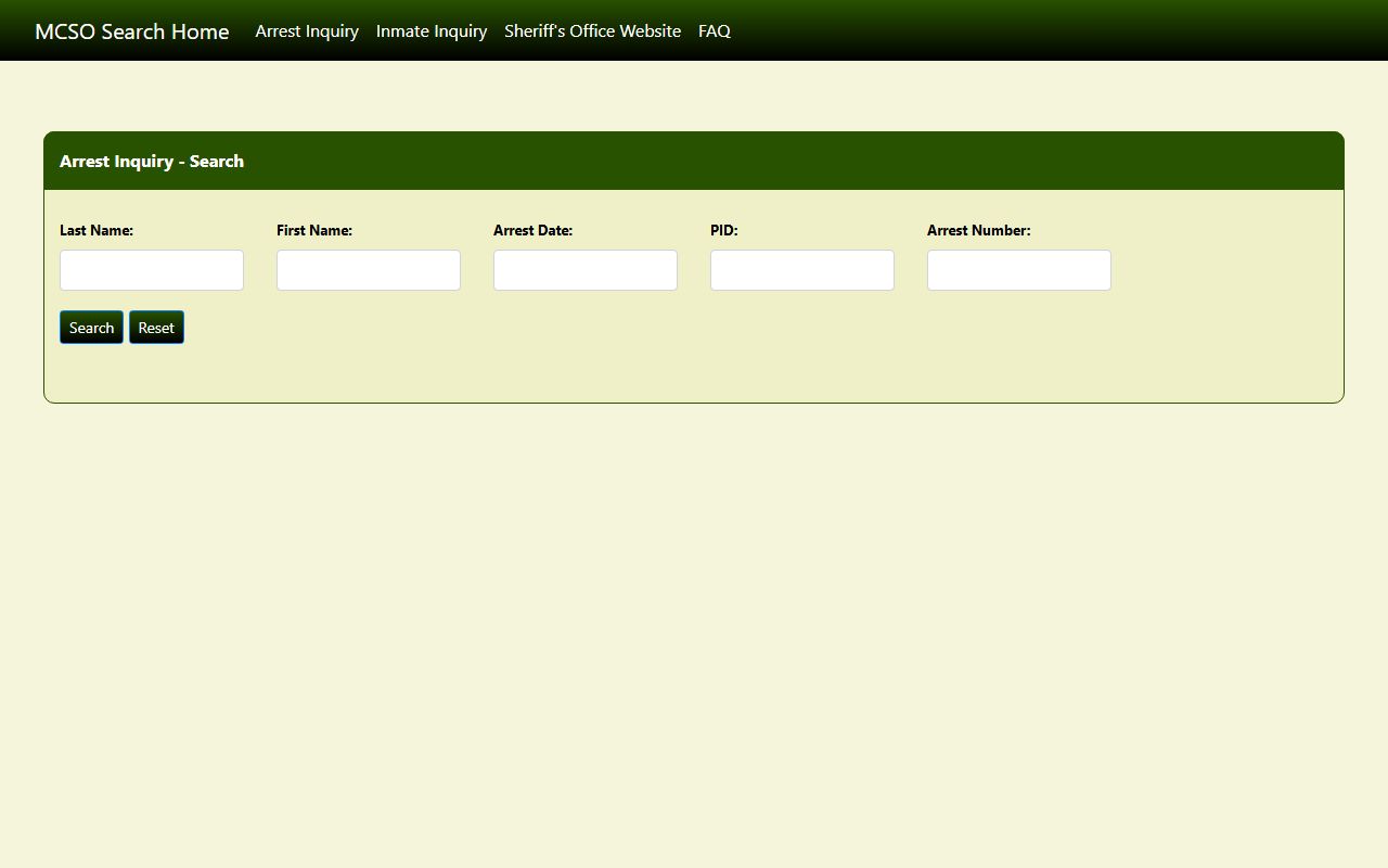 MCSO Arrest Inquiry search form for Mecklenburg County booking photos