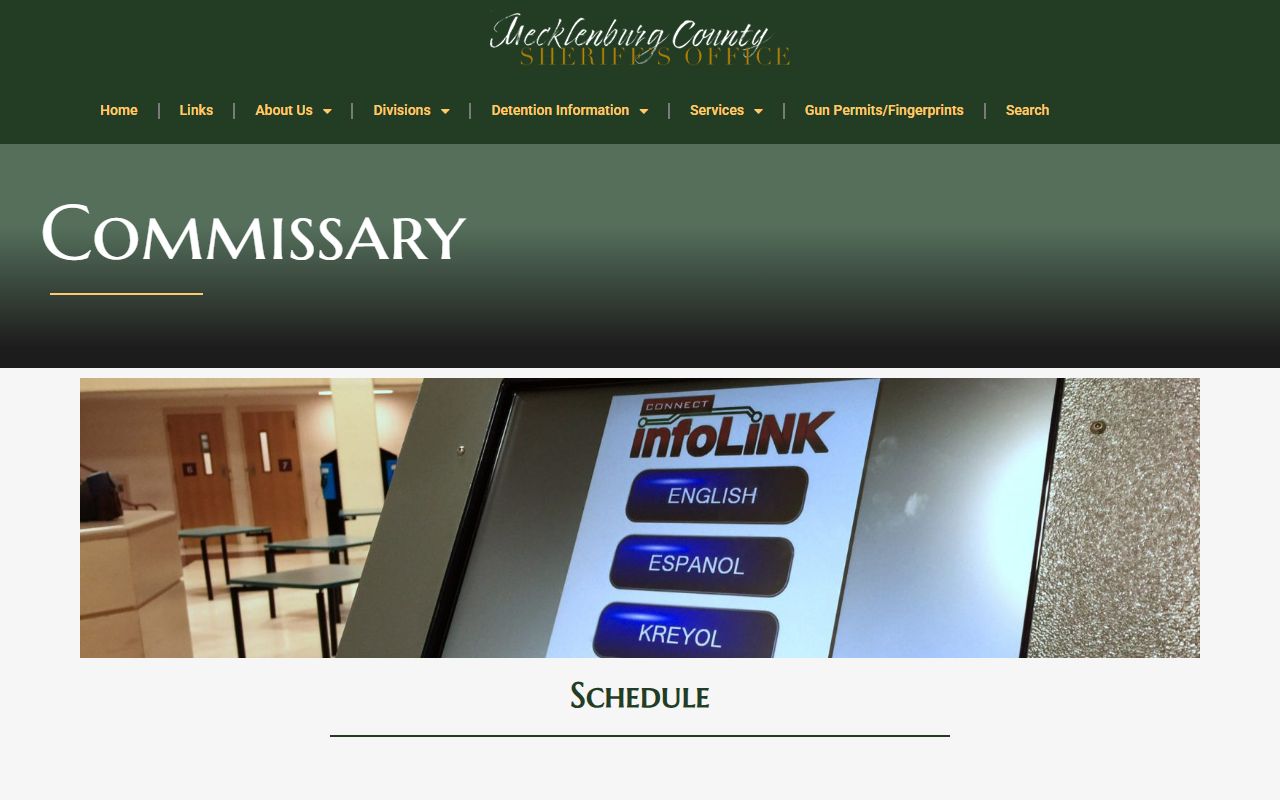 Mecklenburg County Detention Center Central commissary schedule and deposit rules