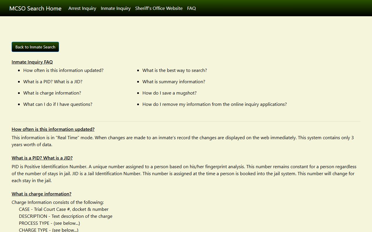 MCSO Inmate Inquiry FAQ with roster field definitions