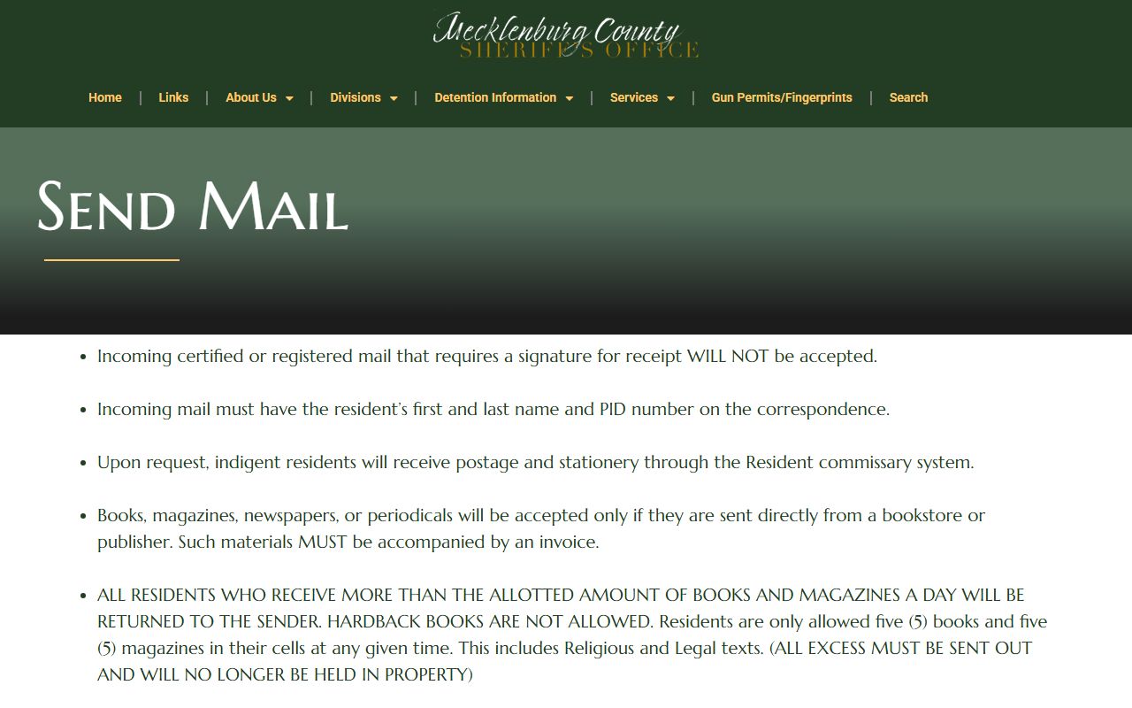 Mecklenburg County Detention Center North mail rules and PID requirement
