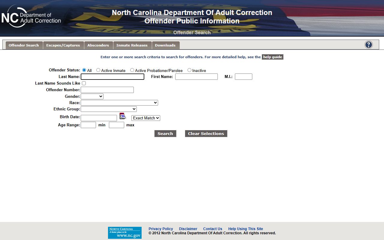 NCDAC Offender Public Information search page